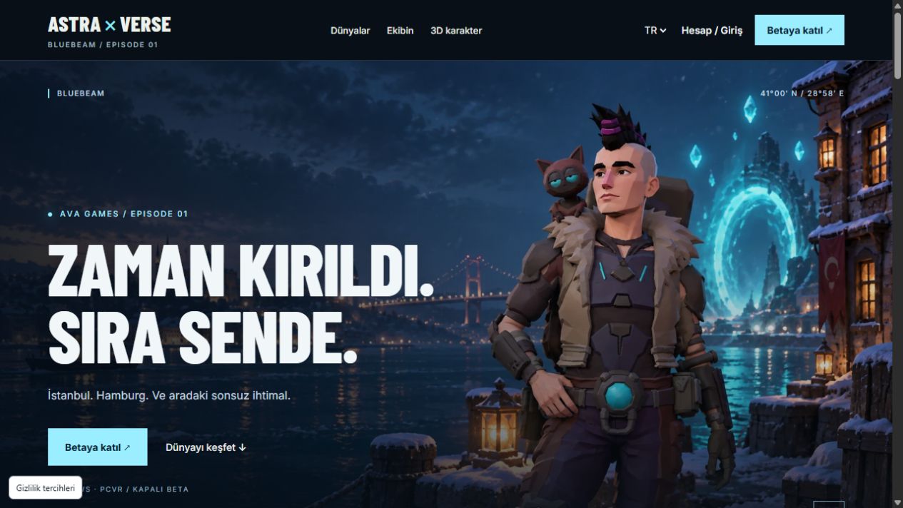 Astra X Verse web sitesinin gerçek ekran görüntüsü